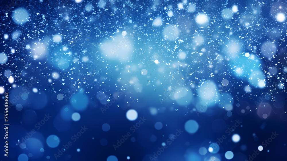 abstract blue background with bokeh lights and falling snowflakes
