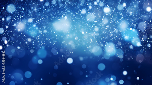 abstract blue background with bokeh lights and falling snowflakes