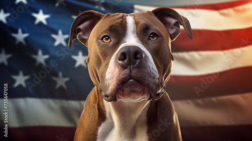 Porträt eines amerikanischen Pitbull Terriers mit Us Flagge im Hintergrund photo