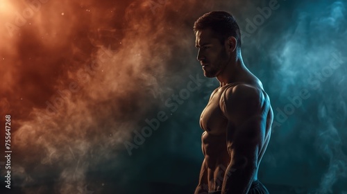 Handsome muscular man posing in studio over dark background. Fitness and bodybuilding concept. © Petrova-Apostolova