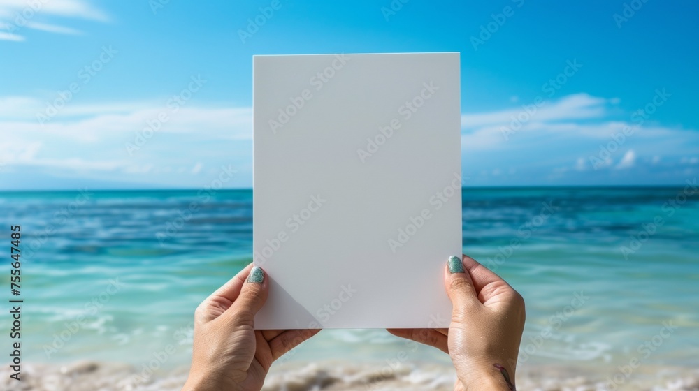 A person holding a blank white paper on the beach, AI A person holding a blank white paper on the beach, AI