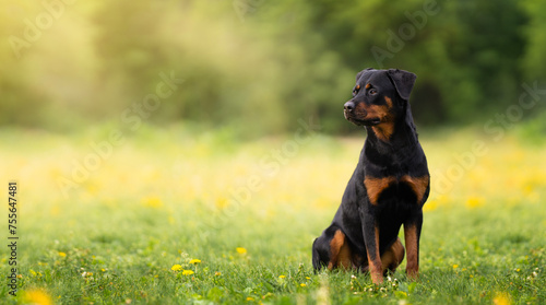 Foto Beautiful young rottweiler sits on a summer green lawn and looks to the left