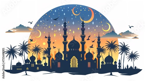 Ramadan mosque illustration with a big space for text a Ramadan card or theme type backdrop with space for text, Generative AI.