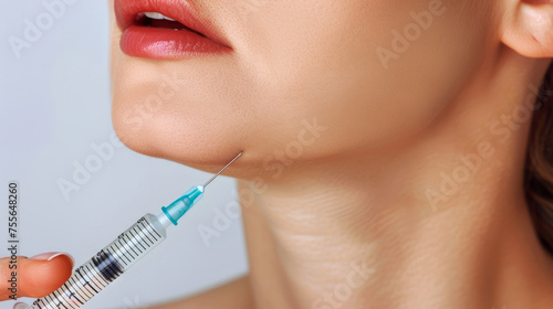 Beauty specialist performing chin augmentation on a middle-aged woman using a syringe, cosmetic enhancement concept