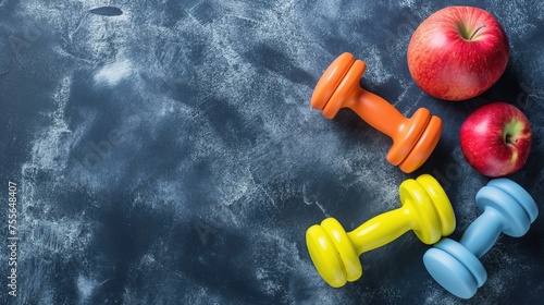 Fitness background with colorful dumbbells and apples. Top view with copy space. Fitness concept