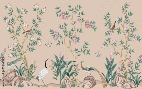 Vintage botanical garden rose tree, Chinese birds, stone, plant floral seamless border. Exotic old chinoiserie mural. photo