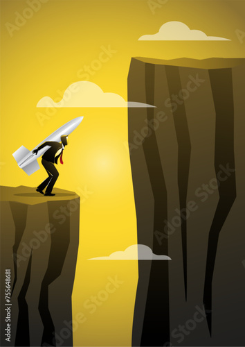 A businessman holding a rocket to his back preparing for liftoff