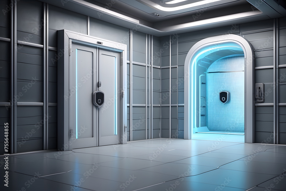 Cybersecurity sci-fi technology background with a perspective view of an empty room and door with a padlock. Cybersecurity sci-fi technology background with a perspective view of an empty room and door with a padlock.