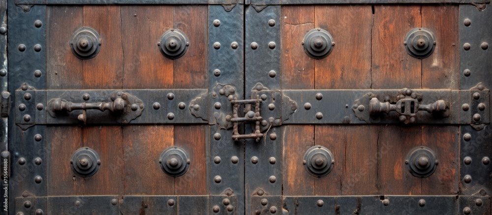A detailed view showcasing an old riveted front door made of wood, featuring sturdy metal knobs. The weathered wood texture and aged metal knobs add character to the door.