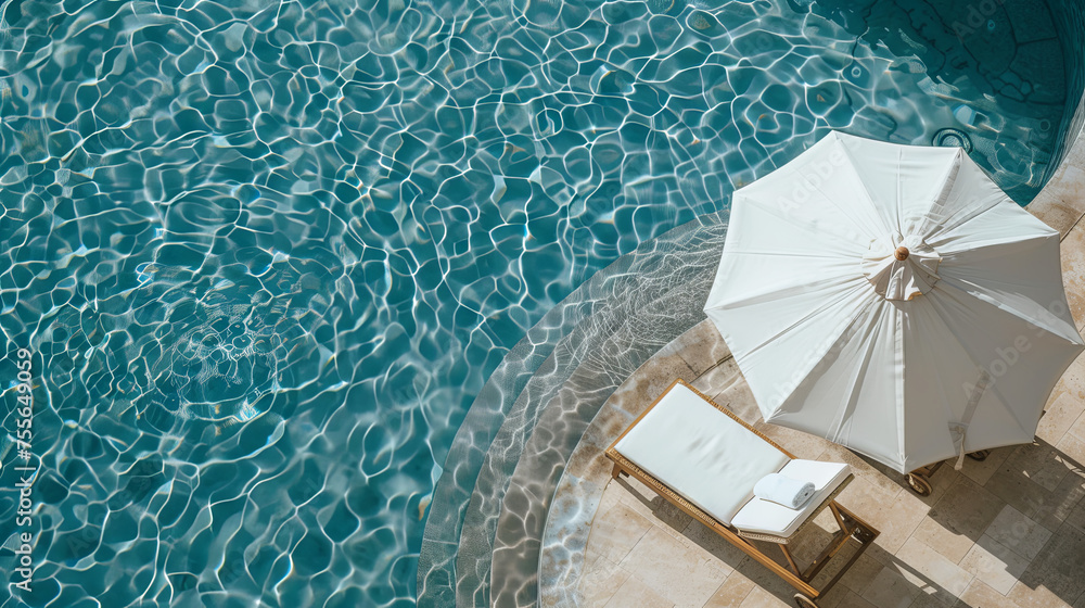 A top-down perspective captures the opulence of a vacation swimming pool, where pristine, crystal-clear blue water is bordered by beach umbrellas and sun loungers