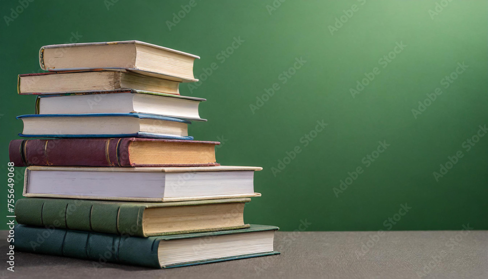 a pile of books with empty space on the right side with a plain green background, generative AI a pile of books with empty space on the right side with a plain green background, generative AI