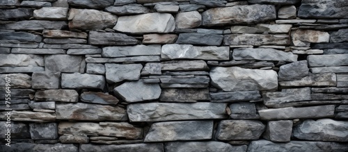 A black and white photo showcasing the texture of a rustic gray stone wall, with visible details of individual stones and mortar creating a sturdy structure.