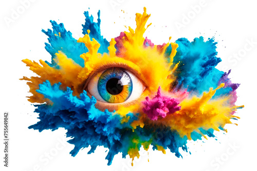 Multicolored eye with Holi paint explosion with bright colors isolated on transparent background. photo