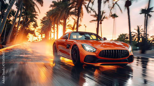 luxury orange sports car drives fast on road at sunset at resort with palm trees. Motion blur © alexkoral
