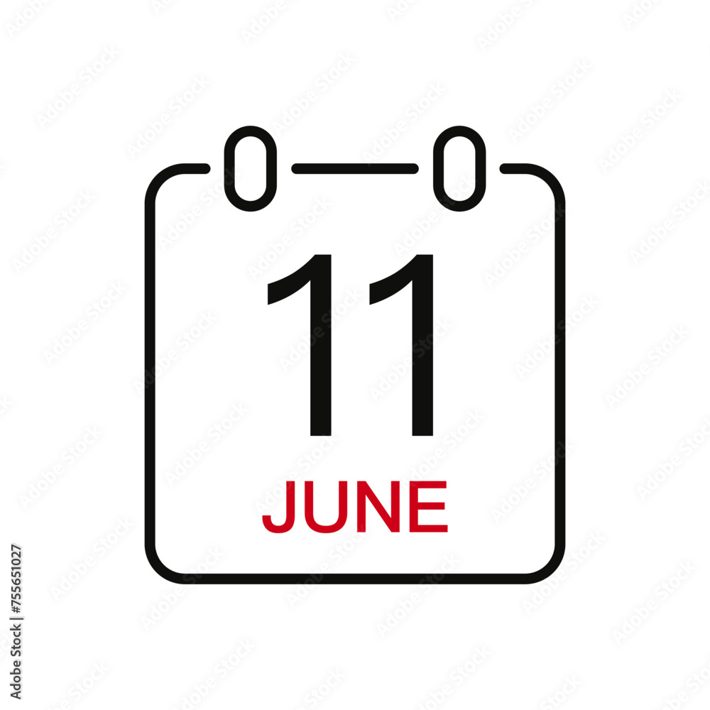 June 11 date on the calendar, vector line stroke icon for user interface. Calendar with date, vector illustration. June 11 date on the calendar, vector line stroke icon for user interface. Calendar with date, vector illustration.