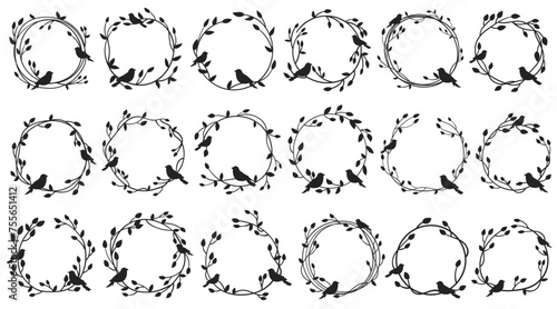 Minimalistic floral circle frame wreath with birds silhouettes design isolated vector illustration photo