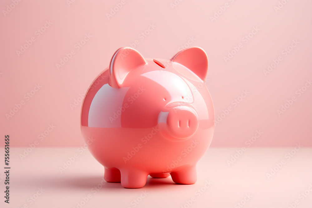 Pink piggy bank close-up on pink background, no people, side view