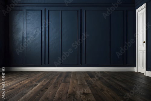 A Dark blue wall in an empty room with a wooden floor design.