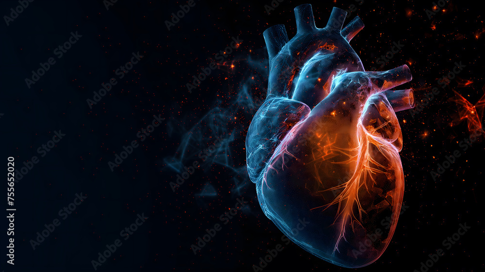Naklejka premium Glowing Digital Human Heart Illustration in Dark Background