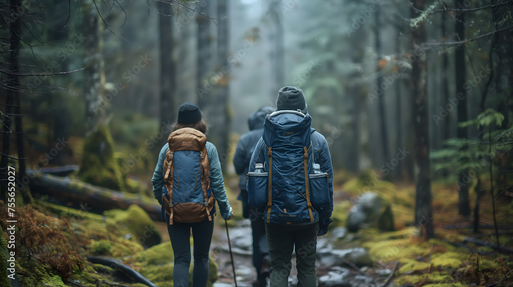 Group of Friends on an Autumn Hiking Trail Adventure - obrazy, fototapety, plakaty 
