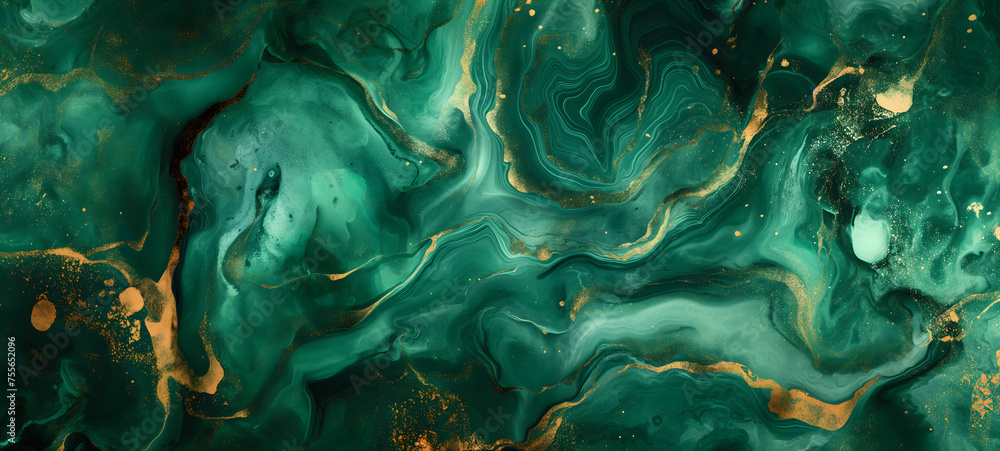 Elegant Golden Swirls on Emerald Green Abstract Background