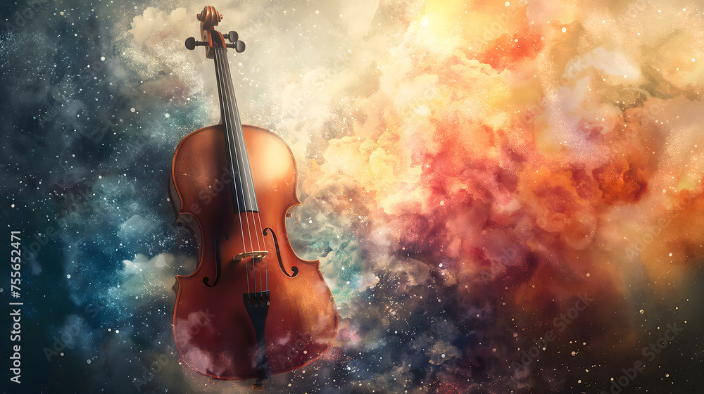 Cosmic Symphony: An Illustration of a Violin against a Vibrant Nebula Backdrop