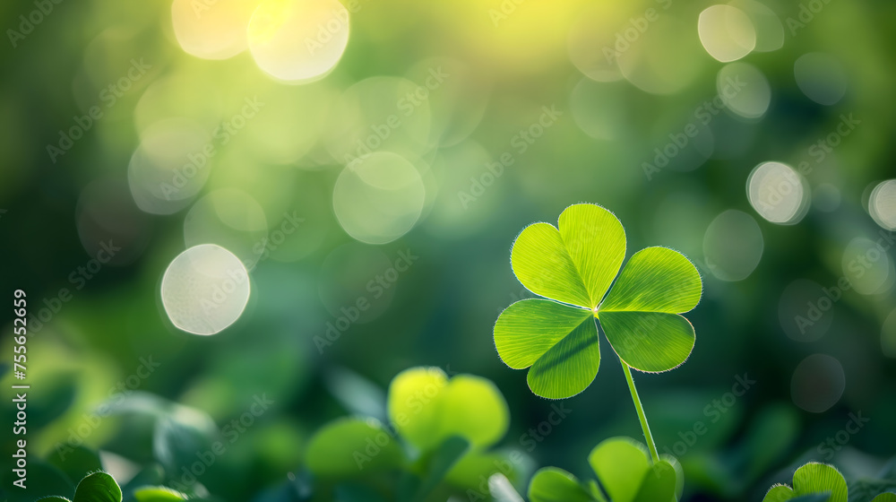 Serene Four-Leaf Clover in Lush Greenery and Dappled Light Serene Four-Leaf Clover in Lush Greenery and Dappled Light