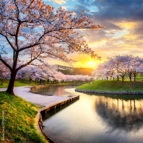 평화로운 어느 봄날, 벚꽃이 핀 공원