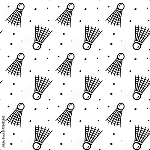 Doodle badminton seamless pattern with hand drawn shuttlecock and dots. Vector sport background for textile