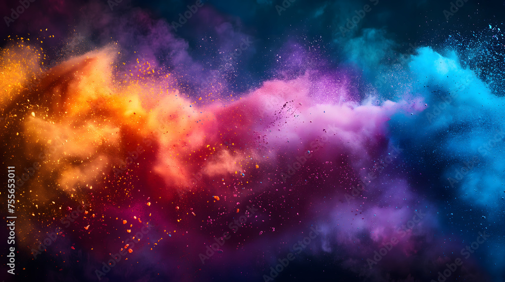 Colorful Explosion of Powder Dust Against Dark Background