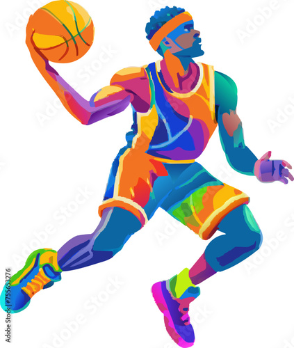 Vector illustration of a rainbow basketball player jumping with a ball