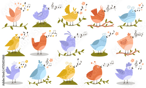 Cute little bird characters singing spring songs on tree plant branch set vector illustration photo