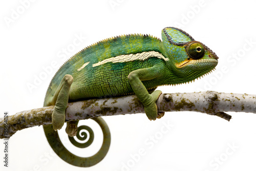 Vibrant Chameleon Perched on a Branch against White Background