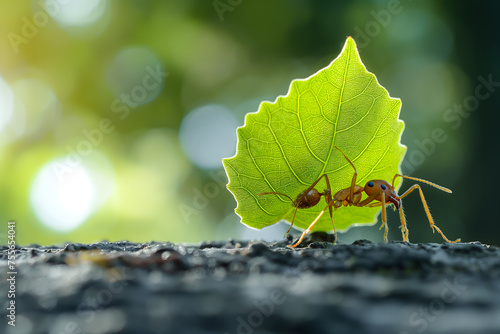 The Strength of Nature: An Ant Carrying a Leaf Across a Path © slonme