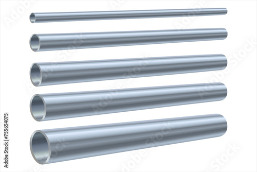 Collection of steel pipes in realistic style. Stainless steel pipe for sewerage, water supply systems, industrial and construction. Vector illustration isolated on white. Industrial pipelines