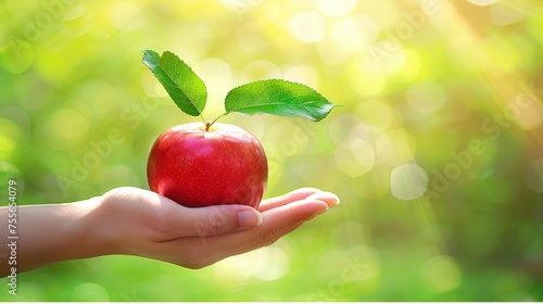 Organic apple selection hand holding fresh fruit on blurred background with copy space