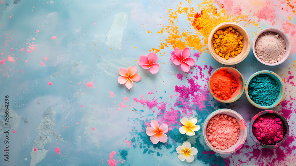 Vibrant Holi Powder Colors in Bowls on a White Background - obrazy, fototapety, plakaty 