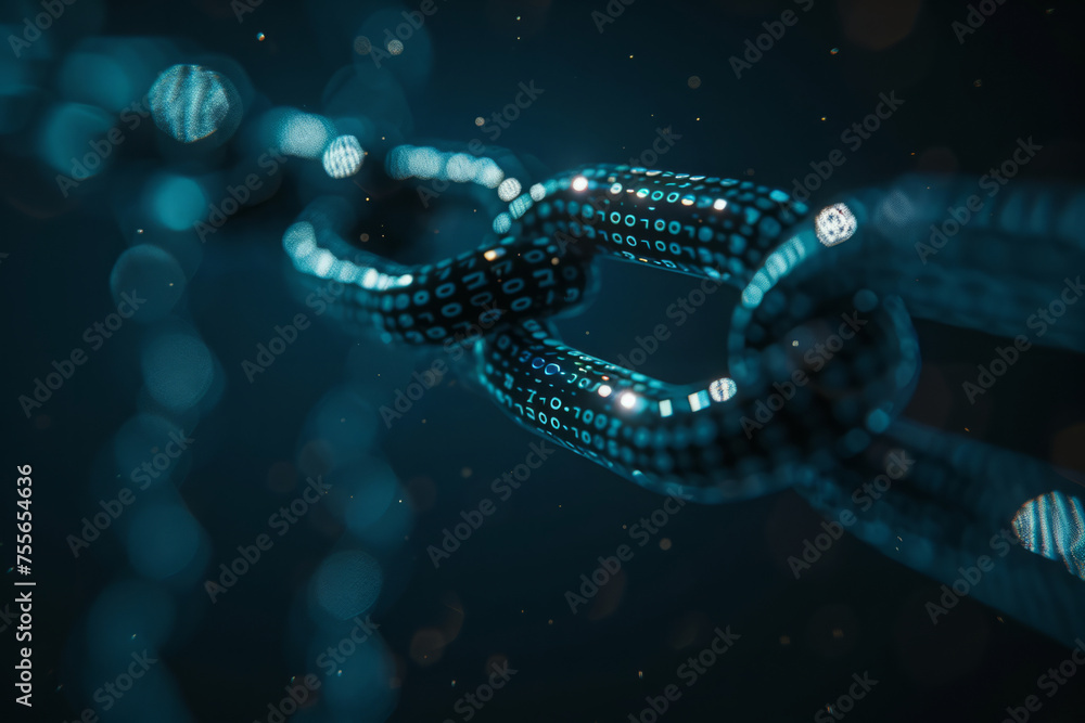Glowing blue chain with links made of binary numbers signifies data connection or blockchain technology against dark, blurred backdrop Glowing blue chain with links made of binary numbers signifies data connection or blockchain technology against dark, blurred backdrop