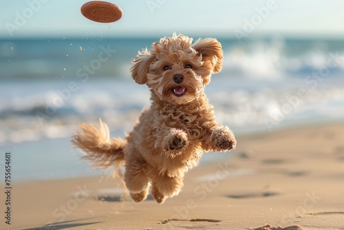 Energetic Maltipoo leaping for a frisbee at the beach lively and bright setting