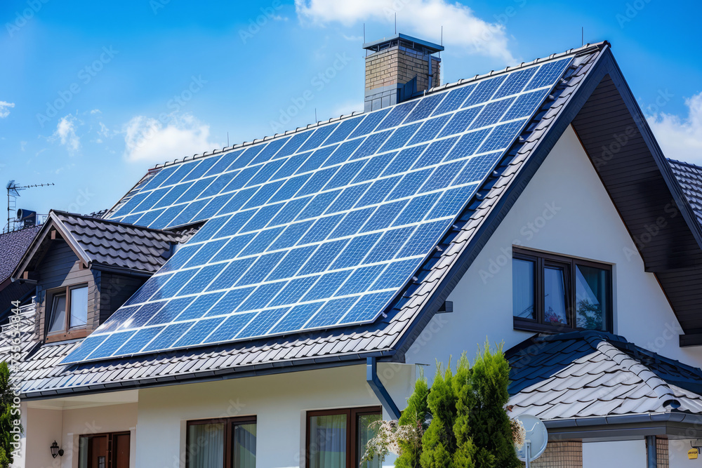 Naklejka premium Photovoltaic panels on the roof of sustainable house. Living building with solar battery. Concept of renewable energy use in a residential setting