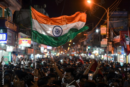 people celebrating and waving indian flag on street photo