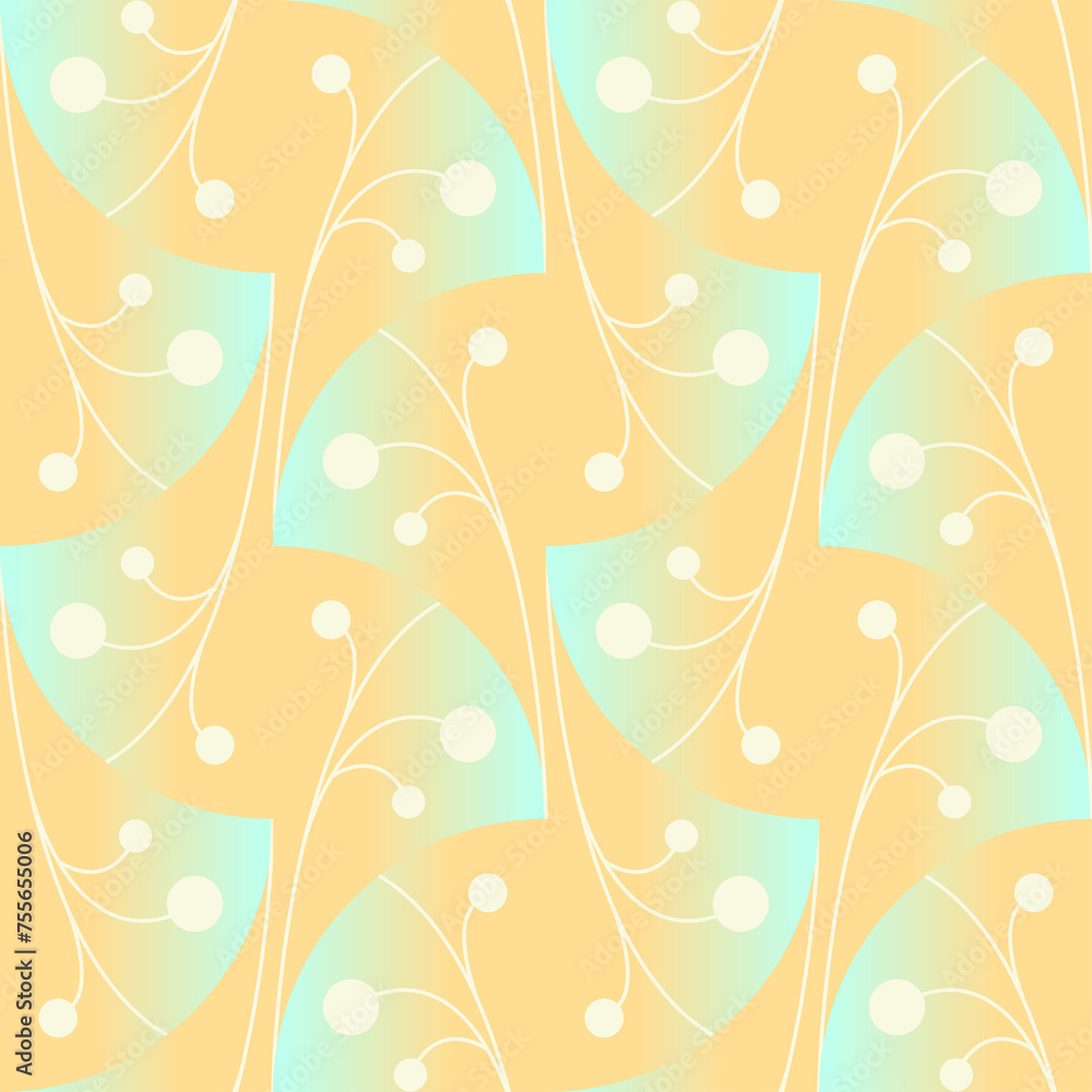 Seamless geometric Art Deco pattern with gradient curved shapes and floral elements in current fashionable shades. Suitable for interior, wallpaper, fabrics, clothing, stationery.