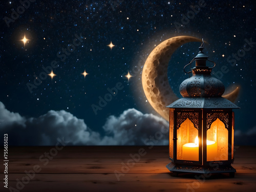 Decorative Arabic Lantern with Burning Candles at Night, the background of the crescent moon and clouds, a sky full of stars, and space for text design.