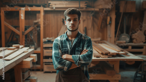 Portrait of a Young Carpenter in a Carpentry Work.