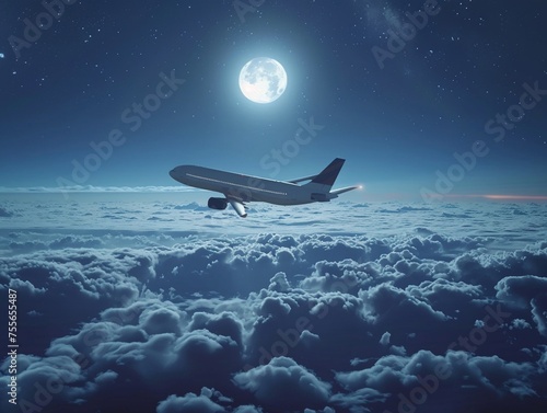 Aerial view of a cargo plane over a sea of clouds under the moonlight