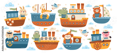 Cute kawaii animal characters sailing boats and ships enjoying marine adventure vector illustration