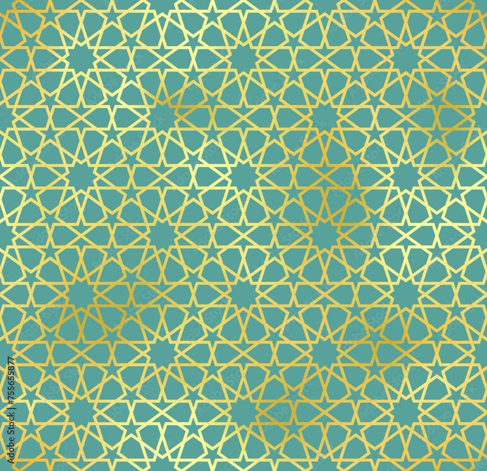 Traditional Islamic seamless pattern. Shiny gold and green Turkish background. Mosque window golden gradient grid mosaic texture