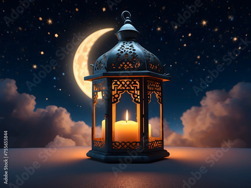 Decorative Arabic Lantern with Burning Candles at Night, the background of the crescent moon and clouds, a sky full of stars, and space for text design.