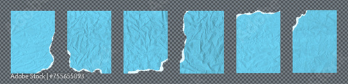 Set of torn and crumple paper pieces. Blue grunge jagged vertical rectangle frames. Vector torn paper sheet for sticker, collage, banner. Ripped shapes silhouettes isolated on png background