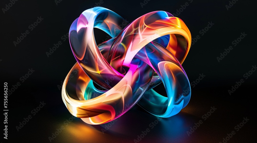 A 3D abstract sculpture of intertwining ribbons each ribbon a different glowing color elegantly set against a black void